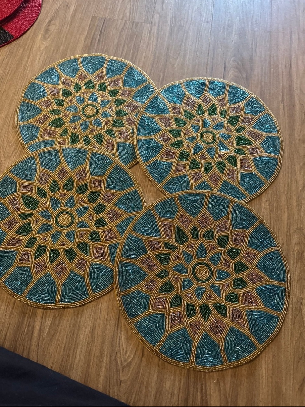 Tahari Teal and Gold Beaded Round Placemats - Set of 4